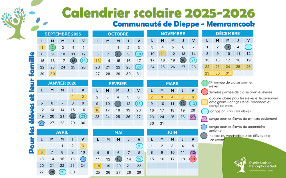 Calendriers scolaires 2025 2026 Dieppe Memramcook